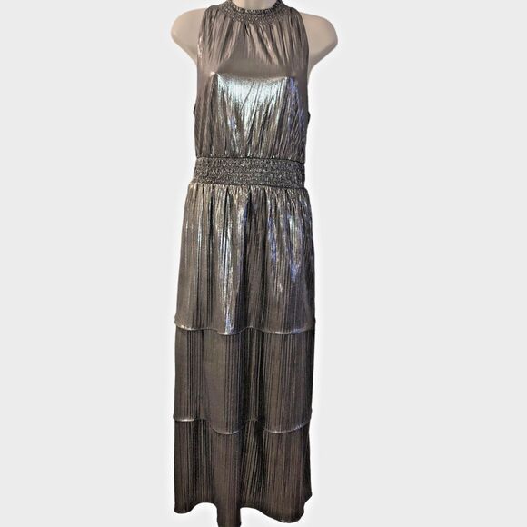 NWT Addison Evening Silver Metallic Dress Size 14 High Neck Glamour Maxi Formal - Picture 2 of 15
